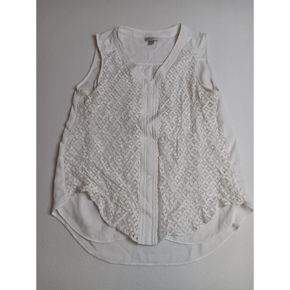 Roz & Ali Womens L White Lace Front Sleeveless Blouse Pintuck V-Neck Tank Top